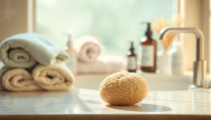 Applying makeup remover loofah gently to cleanse skin in a serene bathroom setting.