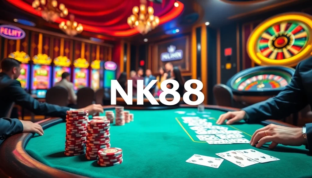 Players experience high-stakes poker with NK88 branding among vibrant casino elements.