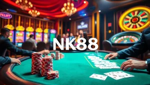 Players experience high-stakes poker with NK88 branding among vibrant casino elements.