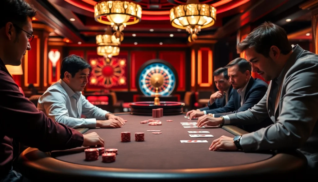 KJC poker players strategizing at a high-stakes game in an elegant casino.