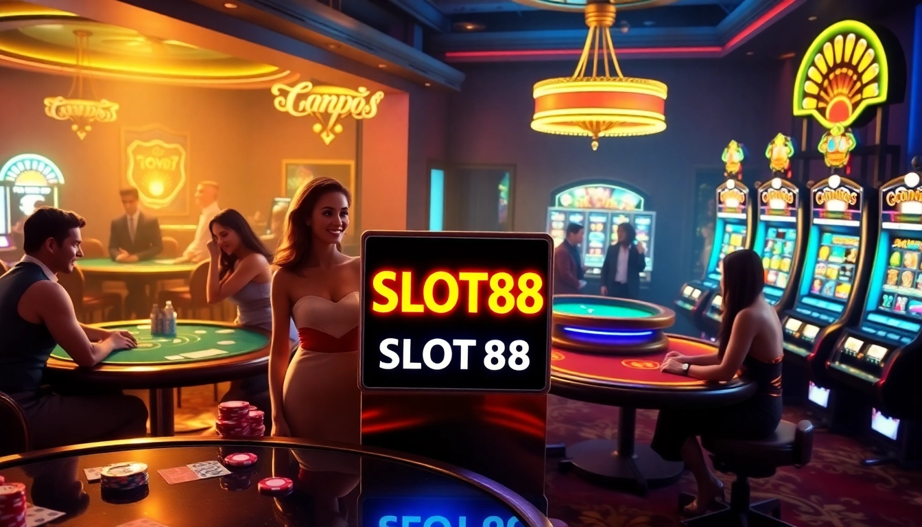 Gamblers enjoying a luxe SLOT88 slot machine experience in a vibrant casino atmosphere.