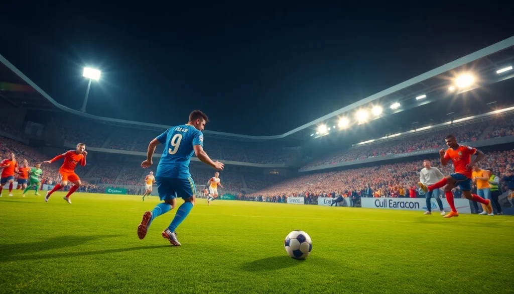 ฟุตบอลคืนนี้ เกมฟุตบอลที่น่าตื่นเต้นกลางคืนพร้อมนักกีฬาในสนามกีฬา