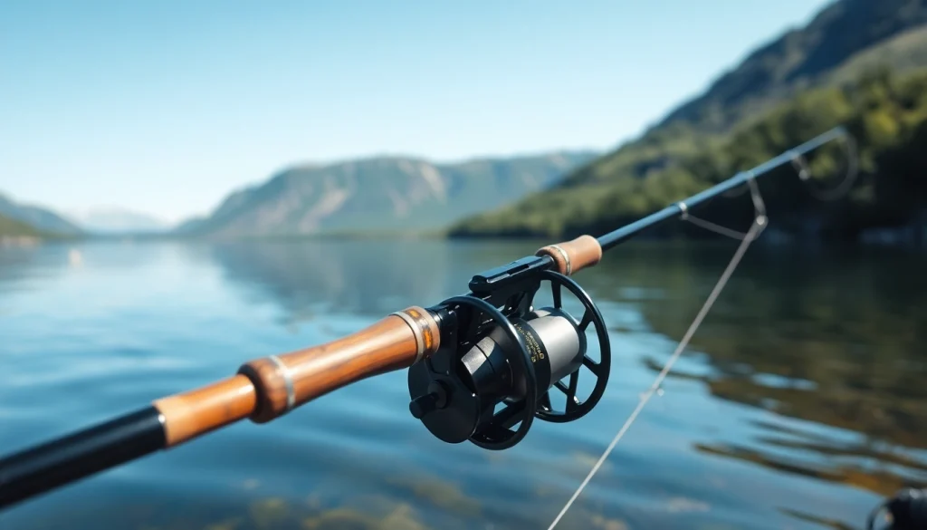 A well-balanced fly fishing combo set against a picturesque mountain lake, inviting anglers to enjoy a fishing adventure.