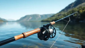 A well-balanced fly fishing combo set against a picturesque mountain lake, inviting anglers to enjoy a fishing adventure.
