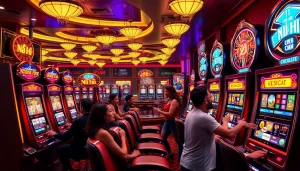 Players engaging with nổ hũ slot machines in a vibrant casino atmosphere, surrounded by excitement and thrill.