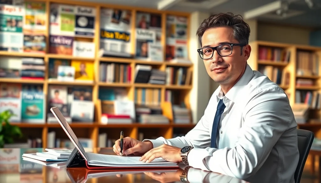 Engaged journalist focusing on writing about Usa Today in a bright office setting.