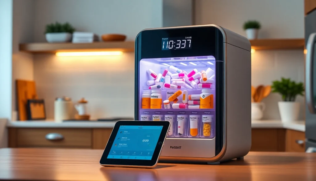 Automatic pill dispenser showing digital alerts and organized medication compartments for easy user access.