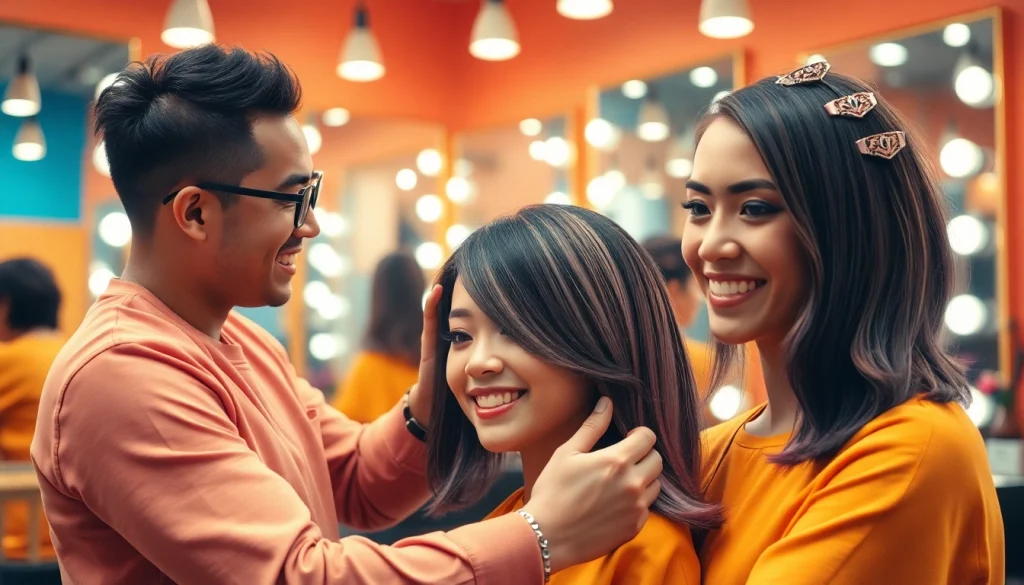 Hairstyle bucuresti transformation in a vibrant salon setting, showcasing an expert stylist at work.