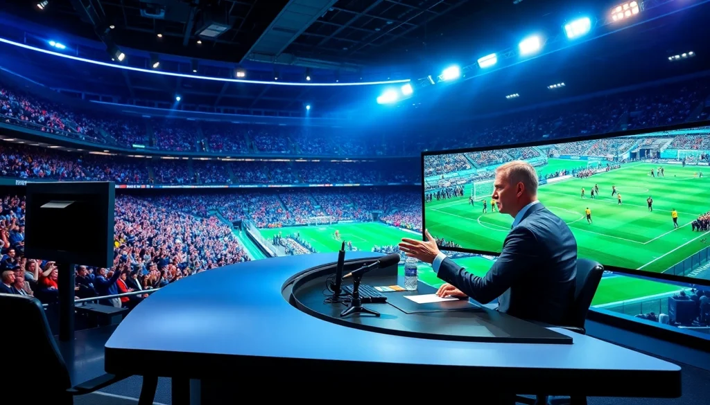 Engaging sports broadcasting scene with a commentator in a professional studio setting.
