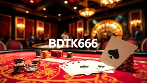 Engage with BDTK666 in a vibrant casino scene featuring poker chips, tables, and excitement.