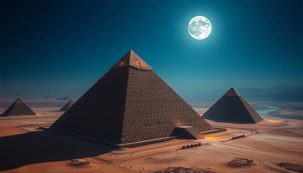 Discovering the majestic piraminds illuminating under a starry night sky, showcasing their historical grandeur.