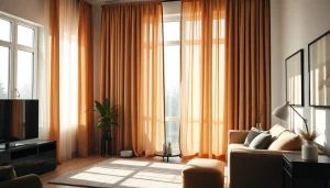 Verduisterende gordijnen in een gezellige woonkamer met warme tinten en natuurlijk licht voor sfeer.