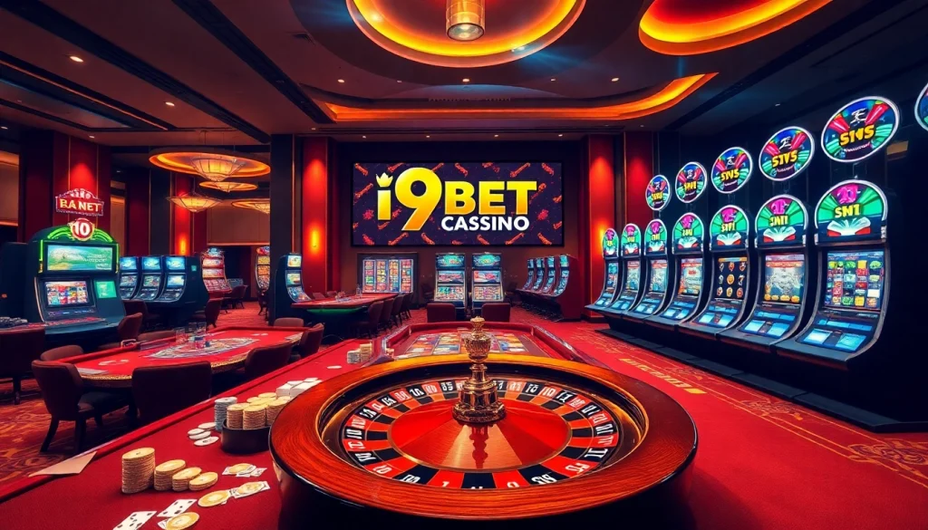 I9BET online casino gaming scene with players celebrating wins and vibrant slot machines.