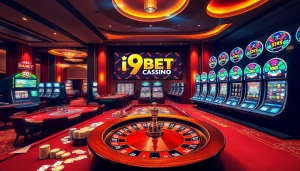 I9BET online casino gaming scene with players celebrating wins and vibrant slot machines.