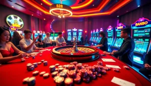 Bet88 gaming scene showcasing players at roulette and poker tables, chips in action.