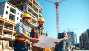 Workers engaged in careers in construction, collaborating on building plans at a dynamic site.