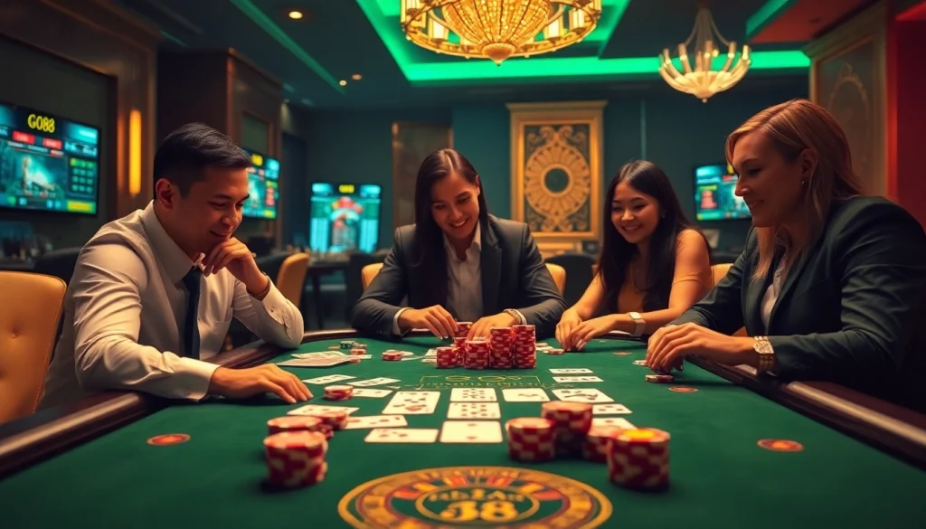 Experience the excitement of go88 with players at a vibrant casino table surrounded by chips and cards.