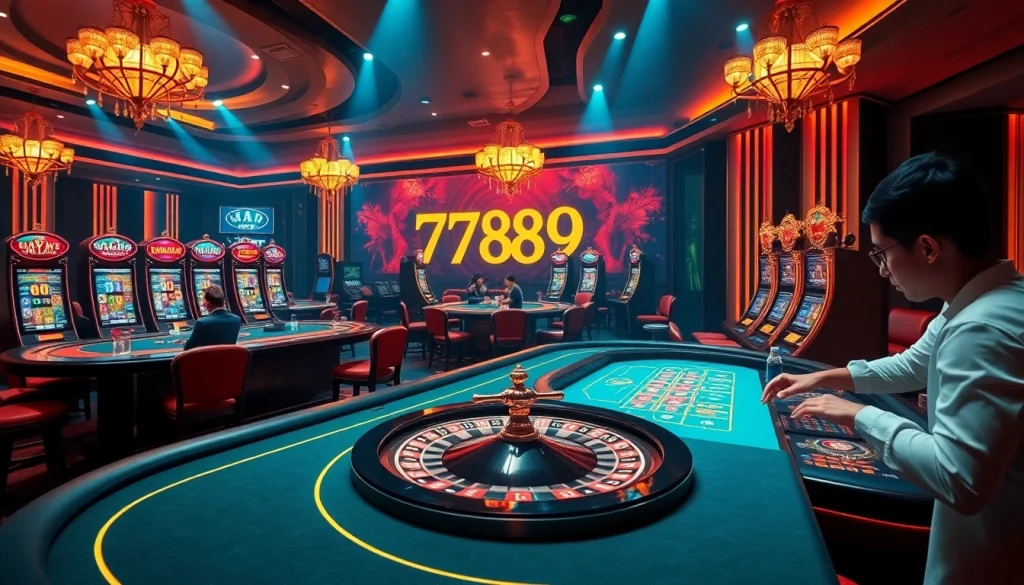 Players enjoying a thrilling game experience at Nhà Cái 789P online casino with vibrant slot machines.