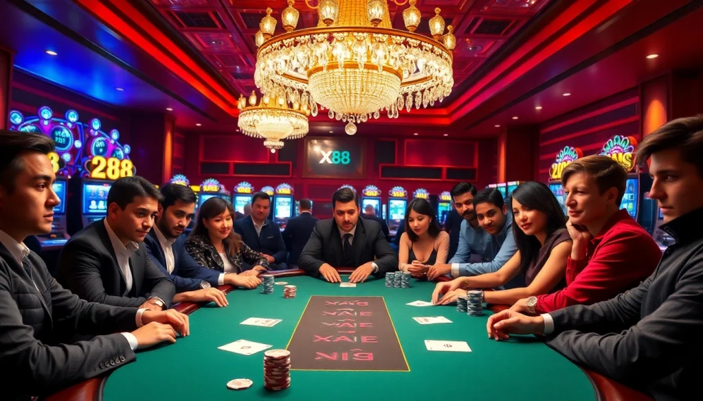 Action-packed casino experience with XX 88 branding featuring poker and slot machines.