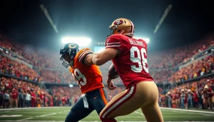 Action-packed moment of bears vs 49ers rivalry during a crucial football game.