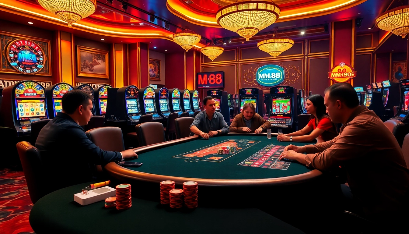 Players at an MM88 poker table in a luxurious casino environment with vibrant slot machines.