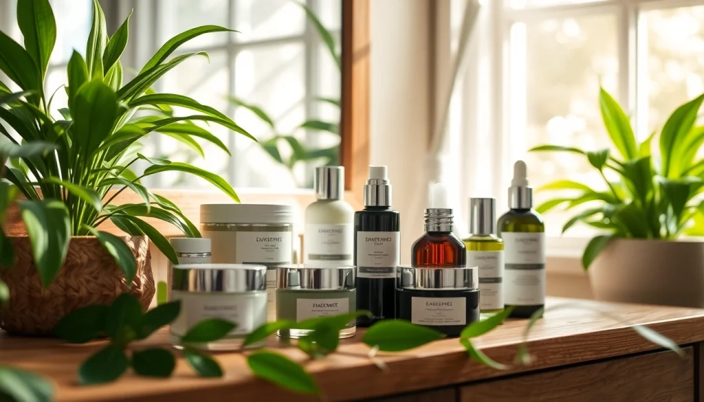 Grožio priežiūros produktai Ekologiska kosmetika ant medinio stalo su žaliais augalais.
