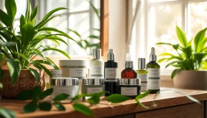 Grožio priežiūros produktai Ekologiska kosmetika ant medinio stalo su žaliais augalais.