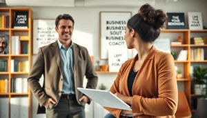 Engaged discussion with a business coach near me in a modern office.