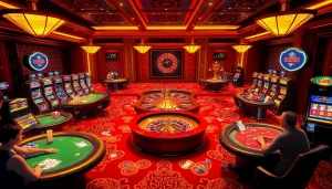 Experience the excitement of uu88 with players at a lively casino table surrounded by vibrant slot machines.