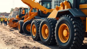 Rent wheel loaders displayed on a construction site with operators preparing to work.