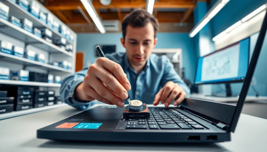 Technician repairing Lenovo Parts in a bright workspace with organized tools and equipment.