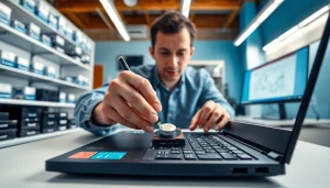 Technician repairing Lenovo Parts in a bright workspace with organized tools and equipment.