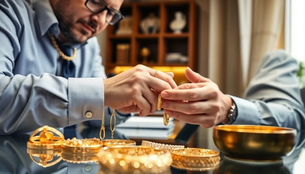 Hier Goldankauf Beratung mit einem Juwelier, der Gold Schmuck prüft.
