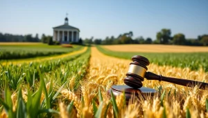 Agricultural law depicted with a gavel over a wheat field, emphasizing legal support for farmers.