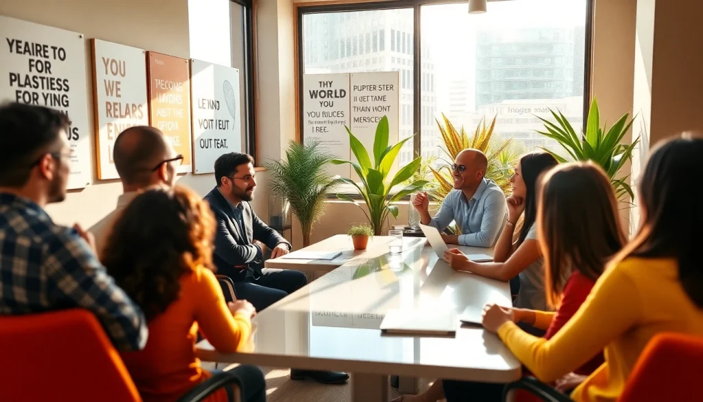 Business coach Los Angeles guiding a diverse group in a bright, modern office.