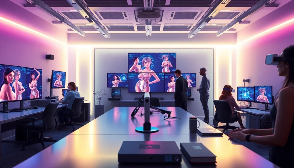 The future of porn ai technology in a modern workspace with digital avatars and innovative tools.