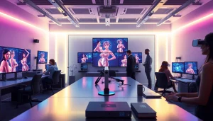 The future of porn ai technology in a modern workspace with digital avatars and innovative tools.