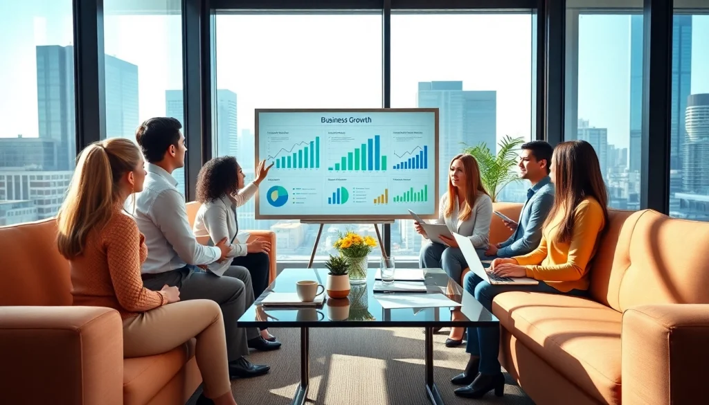 Individuals sharing business growth insights in a modern office setting.