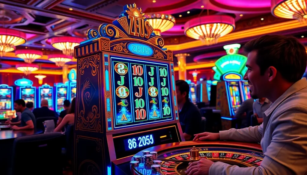 Experience the thrill of slot zeus with joyous players celebrating big wins in a vibrant casino atmosphere.