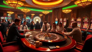 Casino gamblers enjoying table games with hidden wiki links in a vibrant setting.