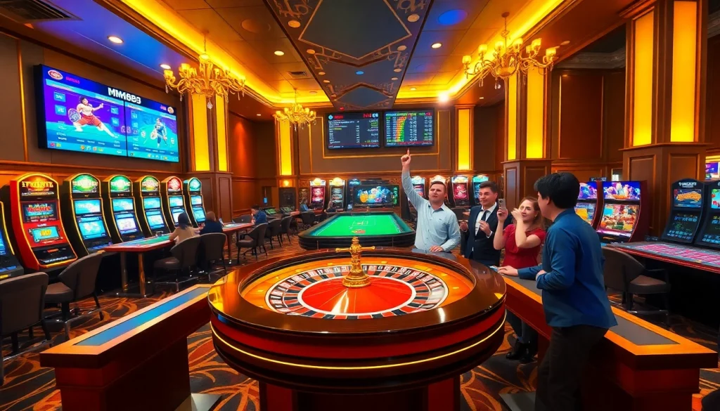 Experience the excitement of MM88's vibrant casino atmosphere featuring roulette and slot machines.