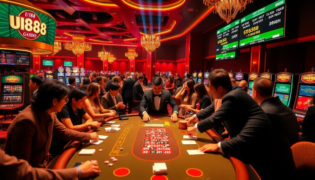 Experience thrilling betting at a U888 casino table surrounded by players and vibrant gaming elements.