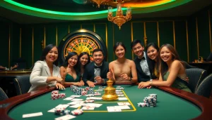 Exciting gambling scene with NK88 poker chips and roulette wheel at a luxurious casino table.