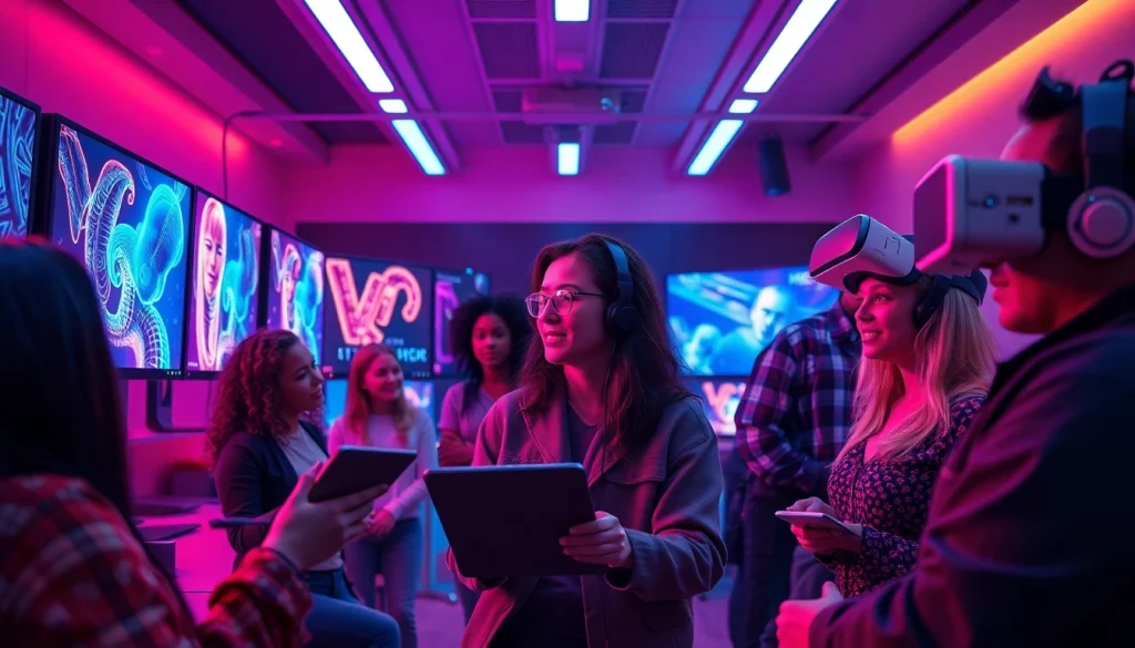 A dynamic digital art studio showcasing creators of NSFW AI projects, highlighting collaboration and innovation.