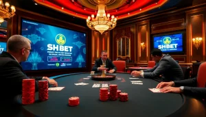 Engaging poker players at SHBET casino, showcasing vibrant chips and cards in an exciting atmosphere.