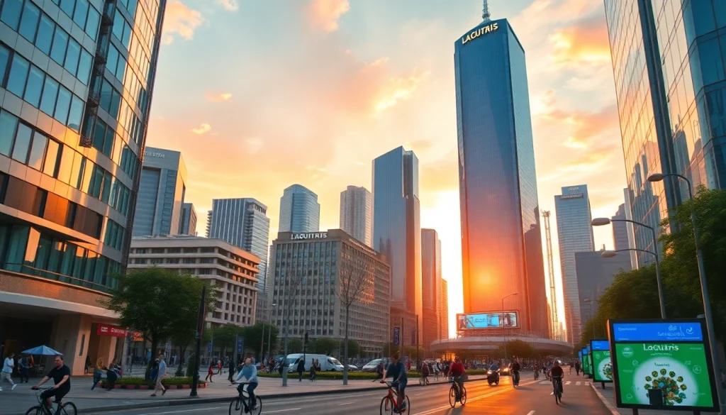 Laoutaris tower amidst a lively urban setting, capturing vibrant sunset hues.