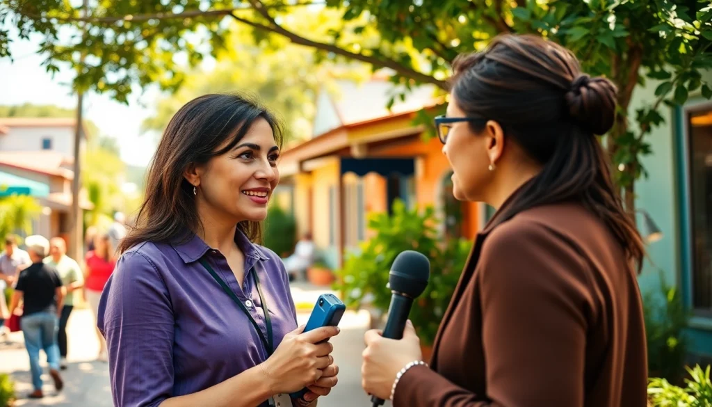 Capture a vibrant interview scene showcasing https://www.thedailynewsonline.com engaging with the local community.