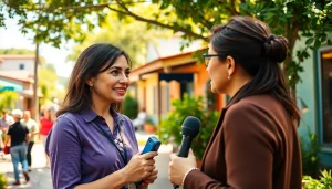 Capture a vibrant interview scene showcasing https://www.thedailynewsonline.com engaging with the local community.