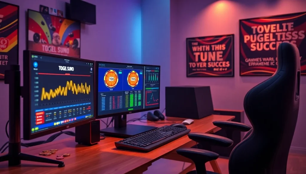 Pengaturan permainan online yang menarik untuk Togel Sumo dengan layar berwarna-warni, token, dan dekorasi modern.