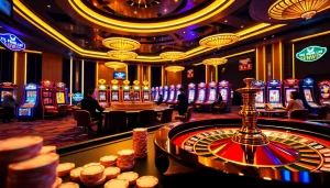 Kuwin casino players engaging at poker table with vibrant slot machines and roulette.